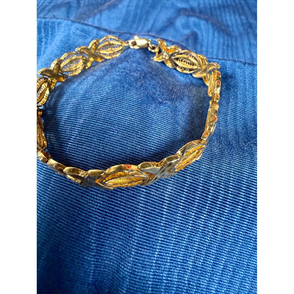 Vintage 925 Sterling Silver Gold Vermeil Filigree XO Bracelet Turkey 7.5 Inch - Picture 2 of 6